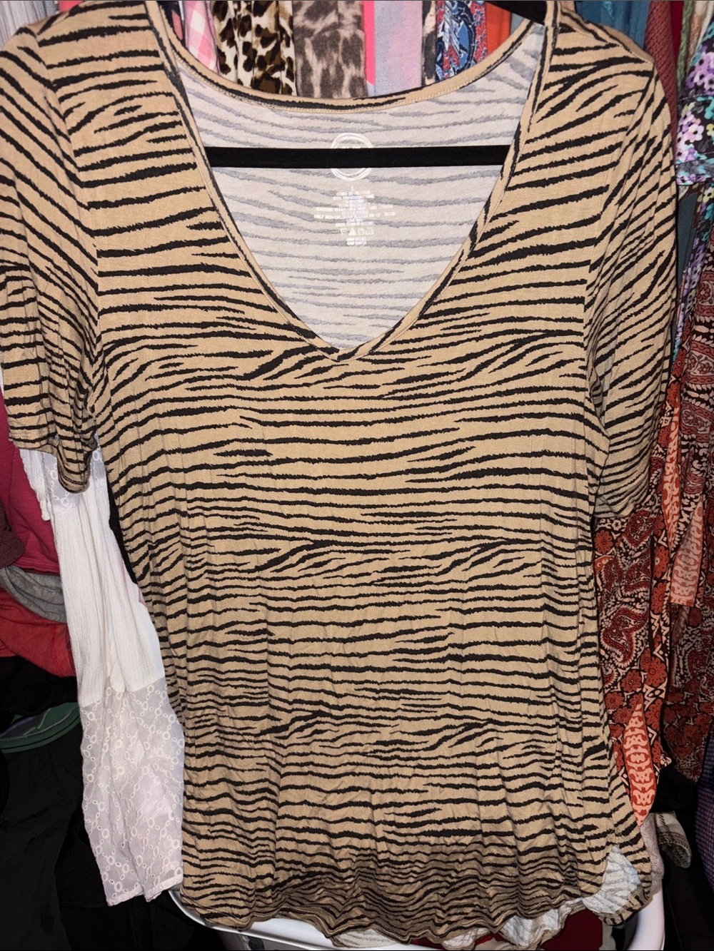 Womens Tan and Black Zebra-Stripe V-Neck Short Sleeve Top